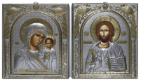 Пара Вседержитель Казанская   ↕24,5см ↔20,5см Полиграфия PVD(серебрение) Кожа Греция