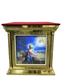 ОБЛАЧЕННЯ НА ПРЕСТІЛ  ↑107см ↔105см ↕105см  Червоний, чеканка, полотно