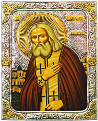 СЕРАФИМ САРОВСЬКИЙ   ↕26см ↔19см МДФ Шовкографія Срібло Сусальне золото Емаль Греція